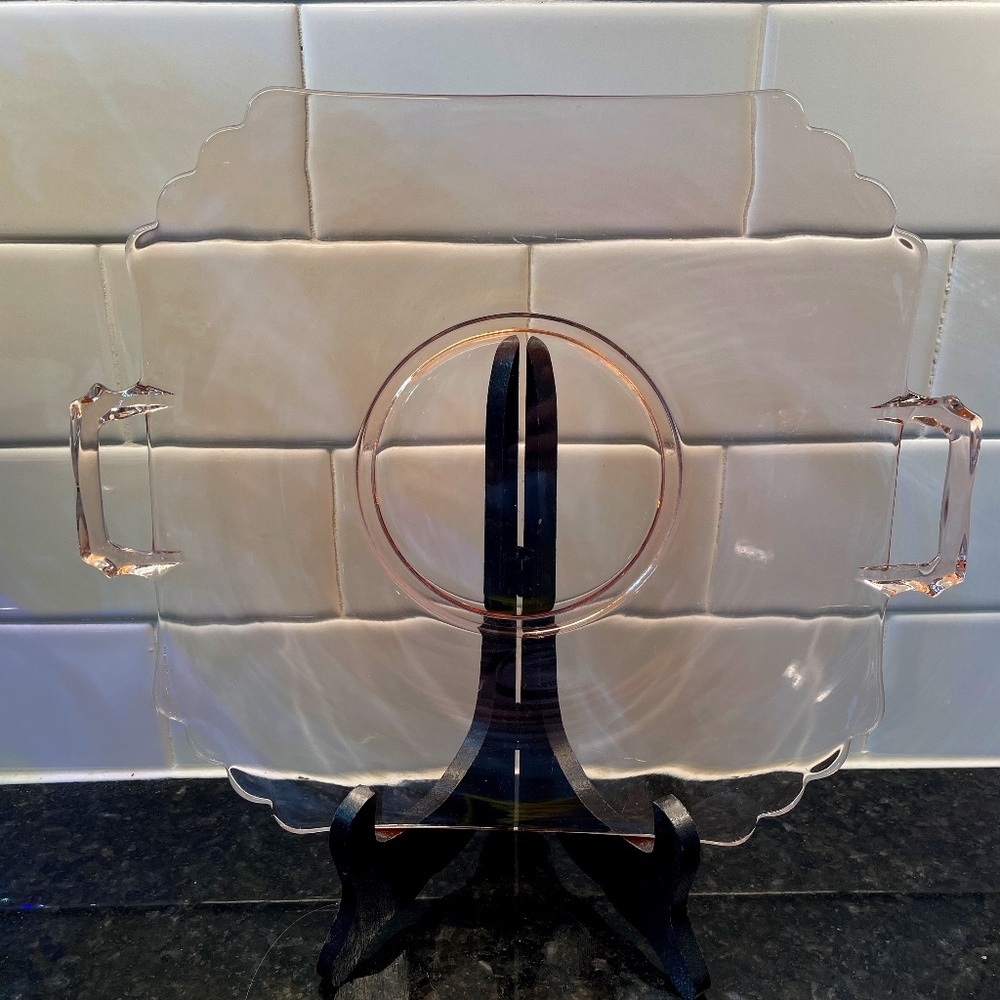 Vintage Pink Pressed Glass Serving Double Handle Platter